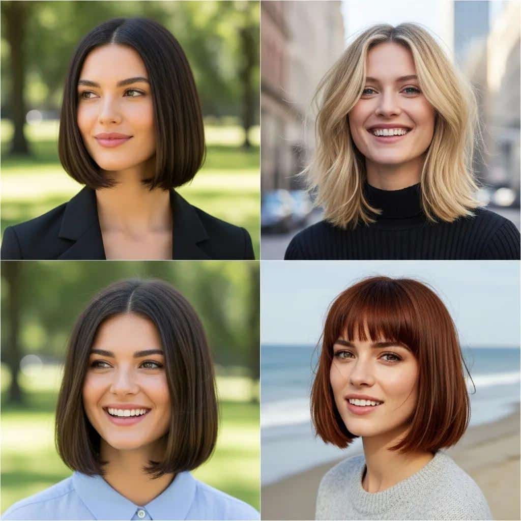 Collage of popular chin-length bob hairstyles on women, featuring classic, layered, and bangs styles
