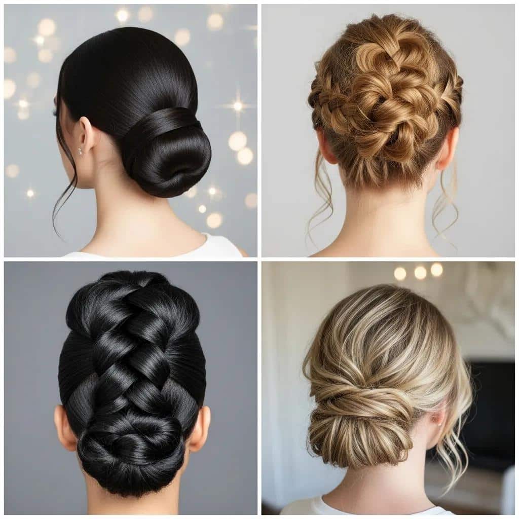 Collage of popular formal updo hairstyles for prom, featuring elegant bun, intricate braided styles, and romantic loose updos suitable for various hair types and lengths.