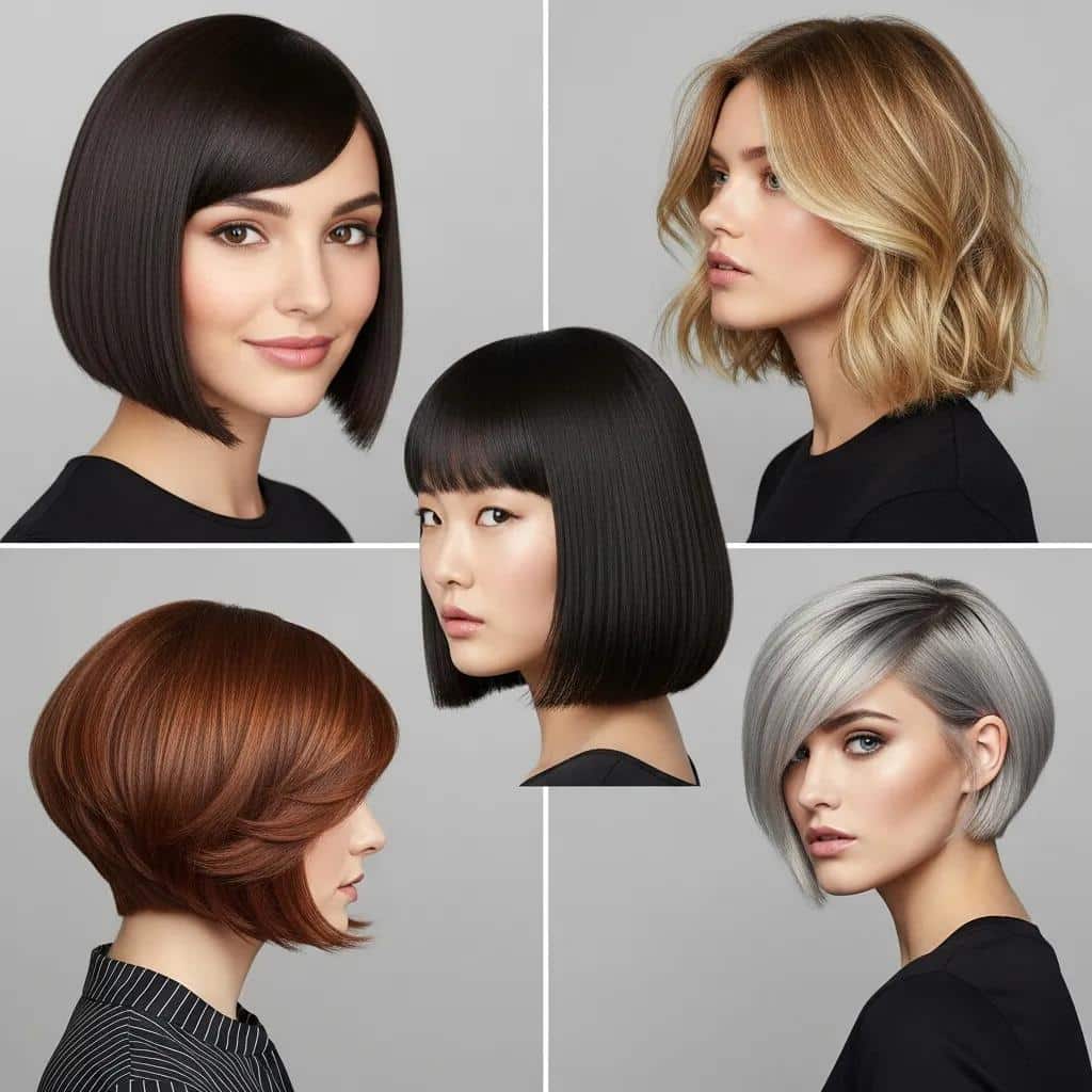 Collage of various bob haircut styles including classic, layered, inverted, stacked, and A-line bobs