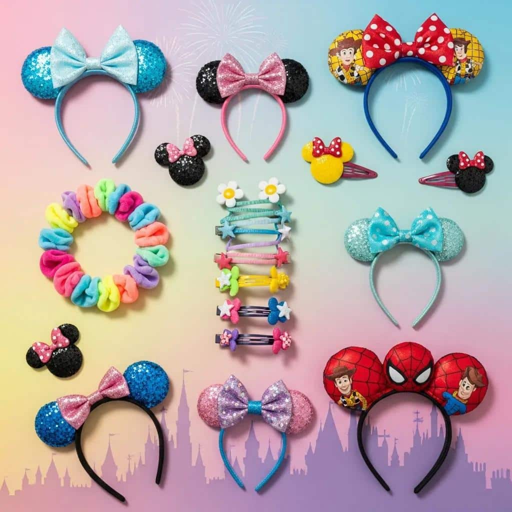 Colorful hair accessories for kids, including glittery bows, character-themed headbands, and playful clips, ideal for theme park hairstyles at Disney World.