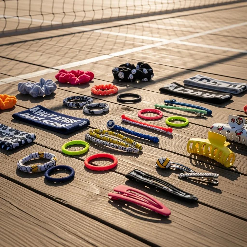 Colorful volleyball hair accessories including hair ties, scrunchies, headbands, and clips arranged on a volleyball court, emphasizing essential gear for players.