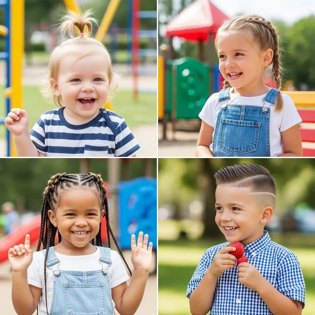 Cute kids with various easy hairstyles, including a toddler with a top knot, a girl with braids, a girl in overalls, and a boy with a stylish cut, playing in a sunny park setting.