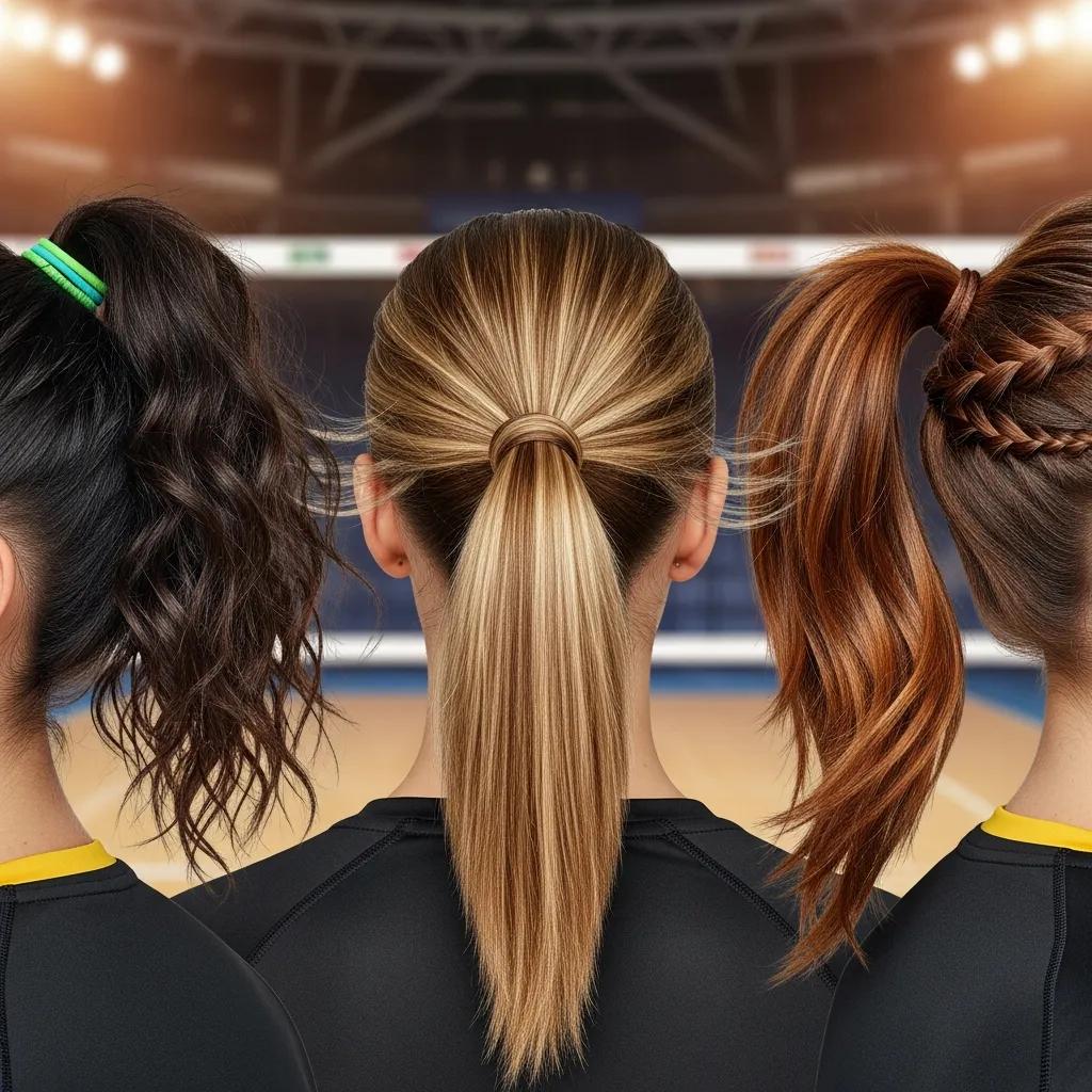 Different ponytail styles for volleyball players, highlighting secure hairstyles