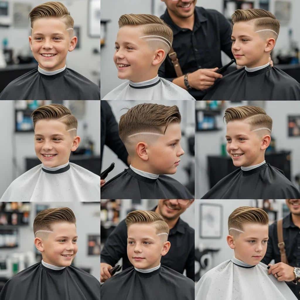 Boys showcasing trendy haircuts in a lively barbershop, featuring various styles including fades and tapers, emphasizing confidence and self-expression.