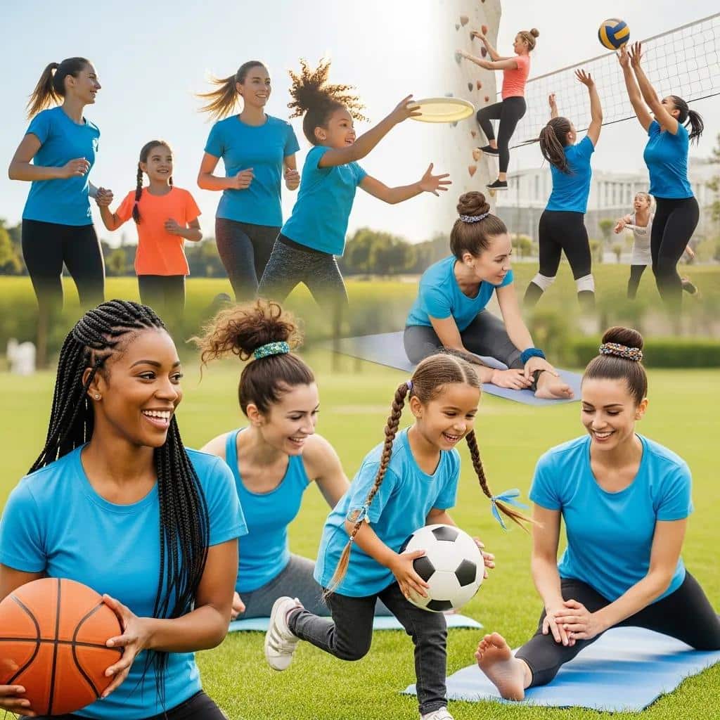 Diverse women and children engaging in various sports activities, showcasing secure athletic hairstyles, including braids and buns, while wearing matching blue workout tops.