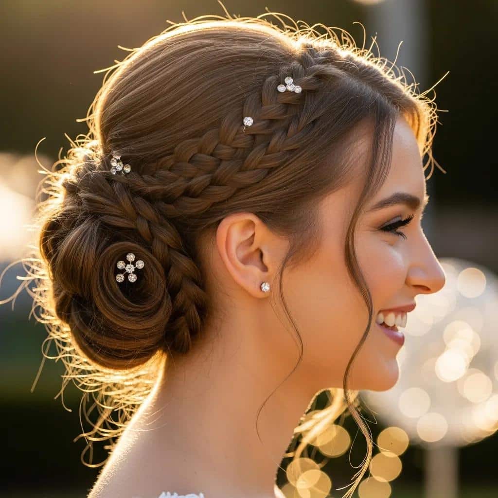 Elegant prom updo hairstyle featuring intricate braids and sparkling accessories, showcasing a romantic look perfect for formal events.