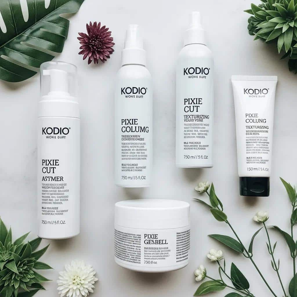 Flat lay of hair care products for pixie cuts, including mousse and texturizing spray