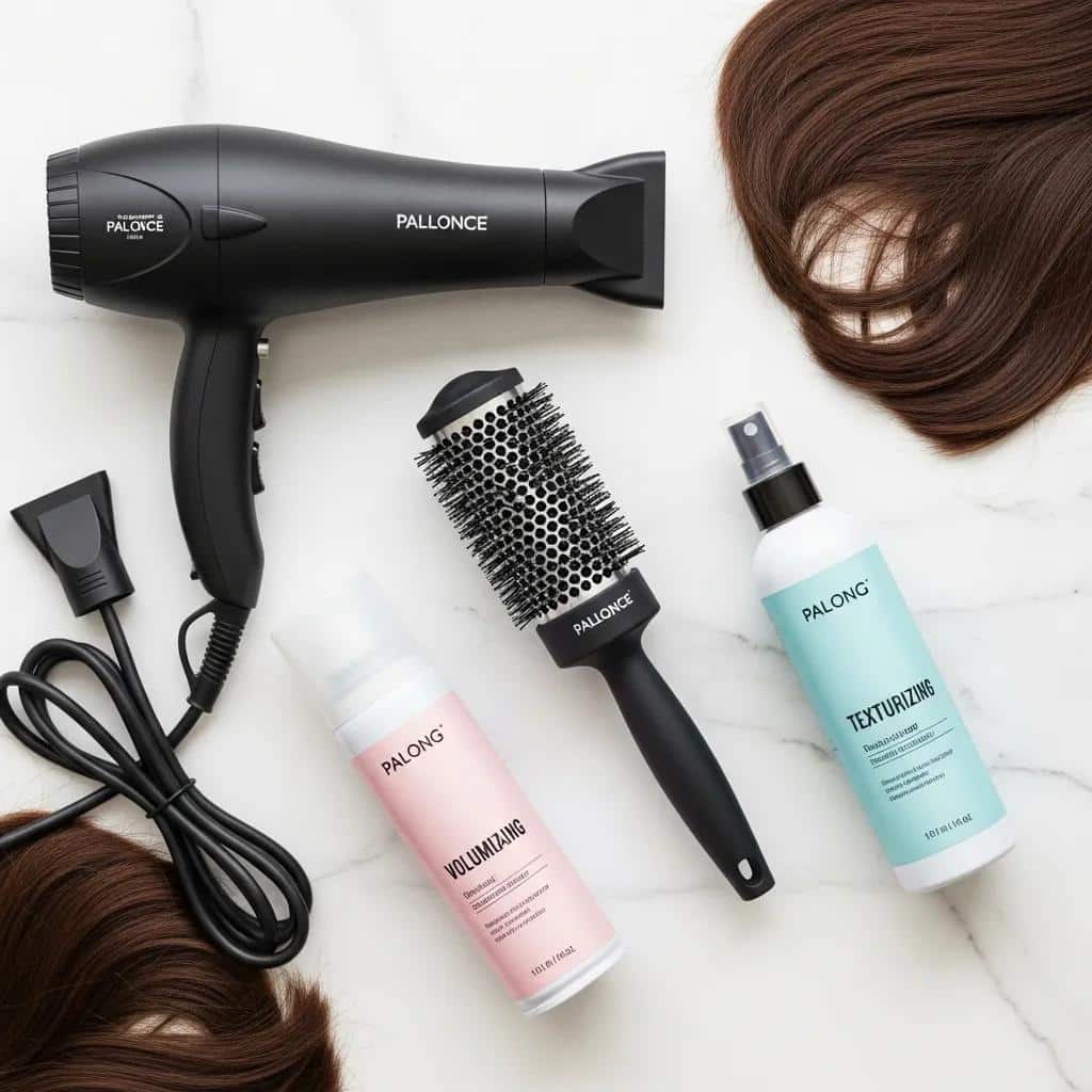 Hair styling tools and products including a hairdryer, round brush, volumizing mousse, and texturizing spray, arranged on a marble surface, ideal for maintaining a stacked bob hairstyle.