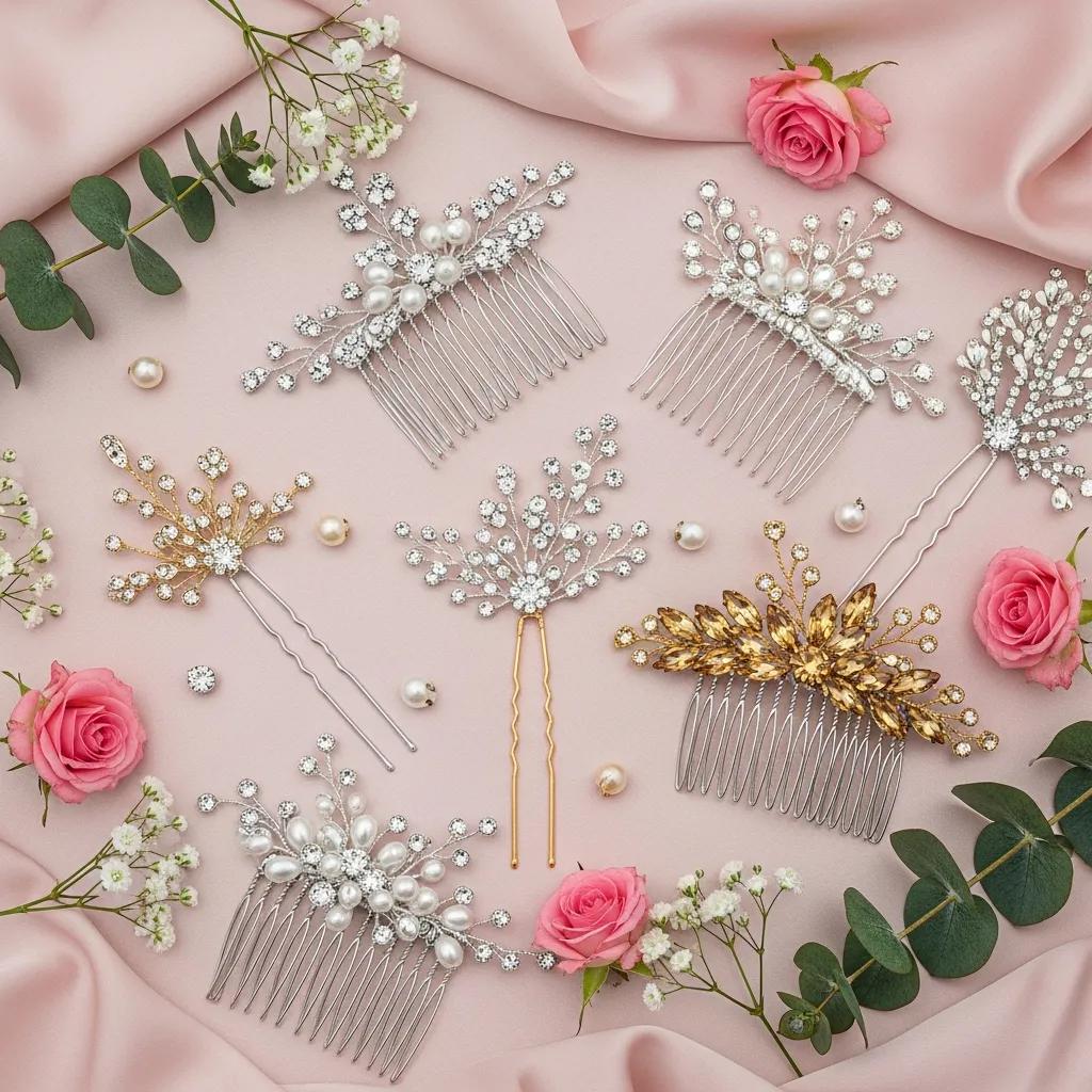 Decorative hair accessories including sparkling combs and pins on a soft pink background, surrounded by roses and greenery, enhancing formal updo hairstyles for prom.