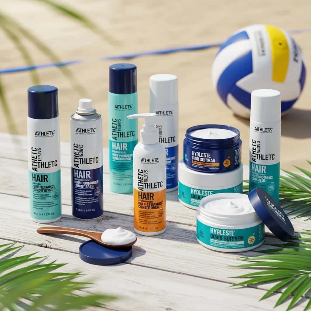 Hair care products for athletes, including leave-in conditioner, hydrating masks, and sunscreen sprays, displayed on a sandy surface near a volleyball, emphasizing hair maintenance for volleyball players with long hair.