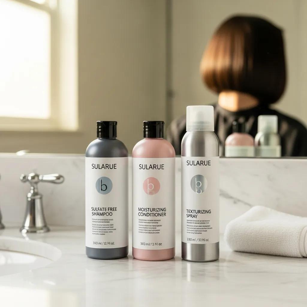 Hair care products for bob hairstyles including shampoo, conditioner, and texturizing spray on a bathroom counter