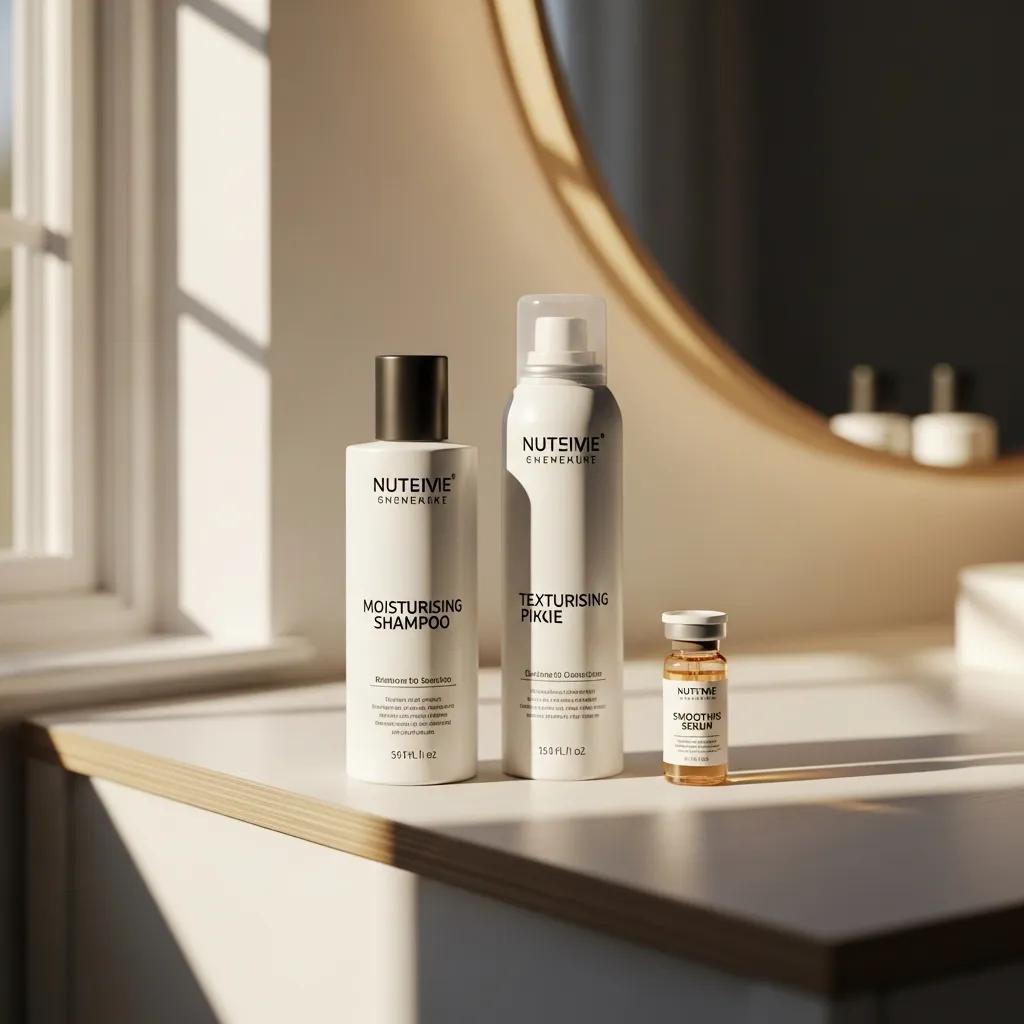 Selection of hair care products for pixie cuts on a dressing table