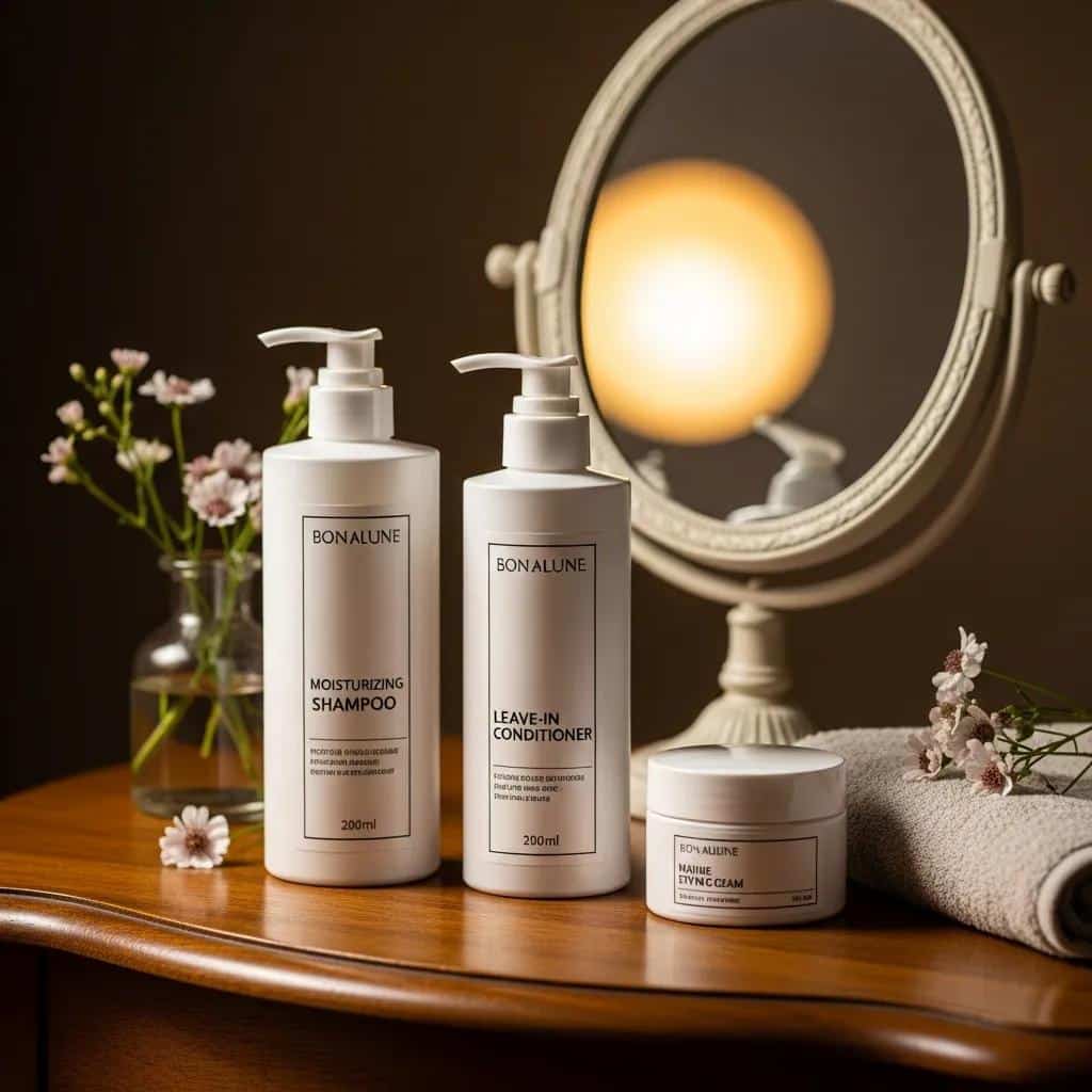 Hair care essentials for bobs — moisturizing shampoo, leave-in conditioner, and styling cream