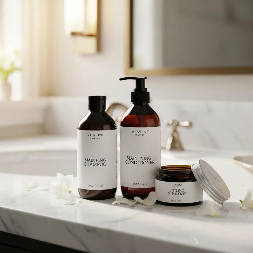 Hair care products for maintaining pixie cuts arranged on a bathroom counter