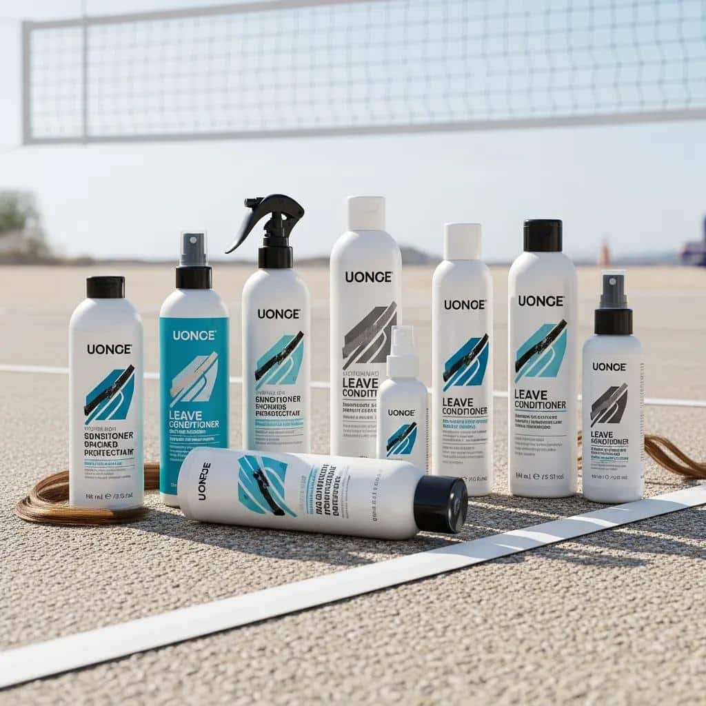 Hair care products for volleyball players, including leave-in conditioners and protective sprays, displayed on a sandy volleyball court.