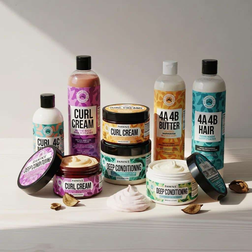 Hair care products tailored for 4A, 4B, and 4C curl patterns, including curl creams and moisturizing butters
