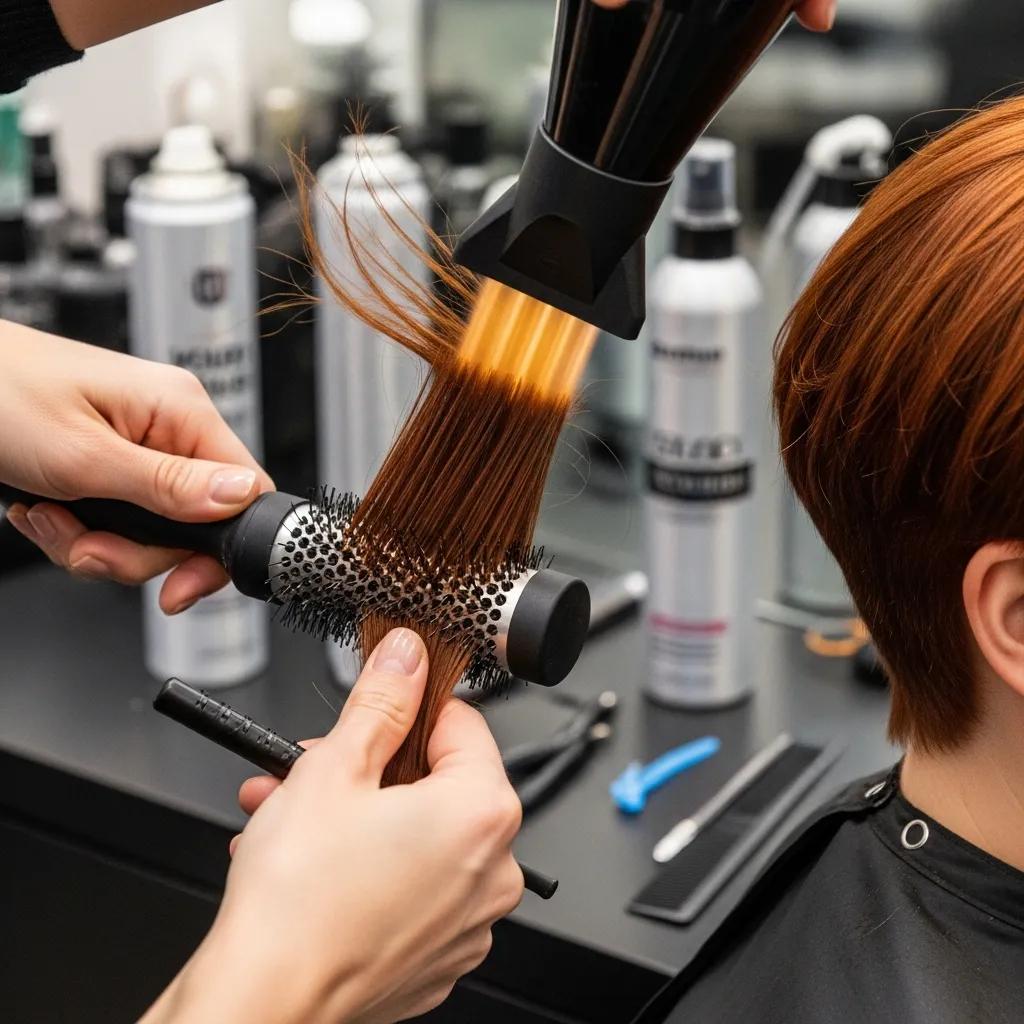 Stylist blow-drying an asymmetrical pixie haircut with a round brush