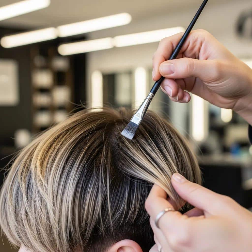Hairstylist applying balayage highlights to a pixie cut, demonstrating effective coloring techniques in a modern salon setting.