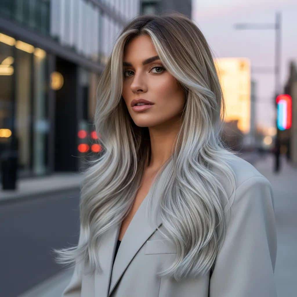 Model showcasing trending hair colors for 2026, including warm honey blonde and icy platinum in a stylish setting