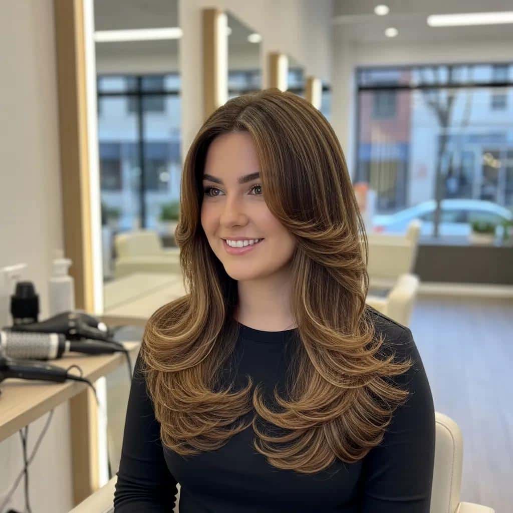 Model with a layered haircut styled in soft waves, demonstrating how layers can elongate a round face