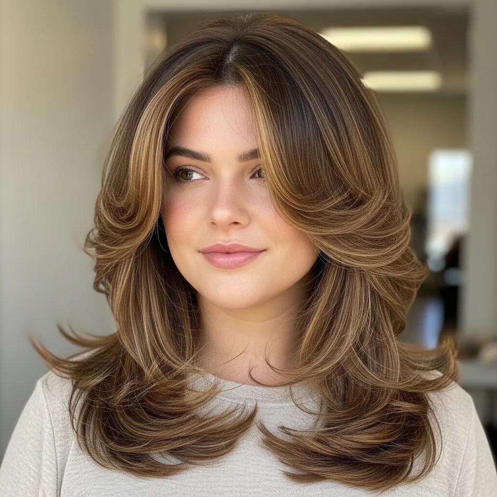 Model with a round face displaying a long layered haircut, exemplifying flattering hairstyles for round faces