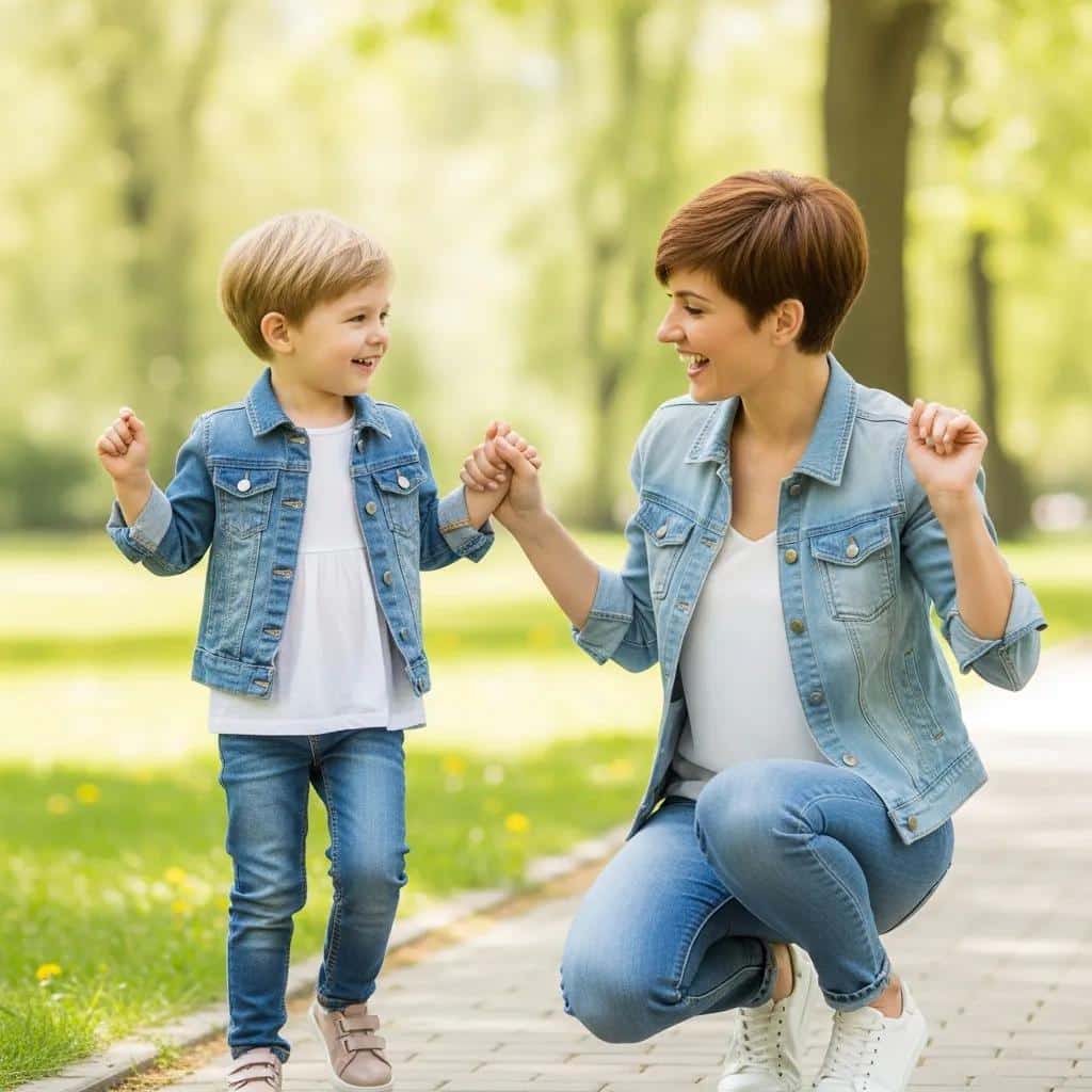 Mother and daughter with pixie cuts enjoying a playful moment in a park