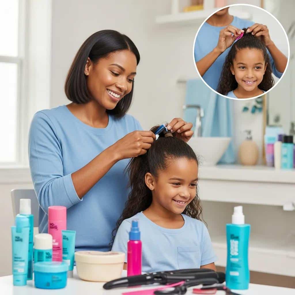 Parent styling child's hair in a bright bathroom setting, showcasing easy and quick hairstyles with various hair care products on the counter.