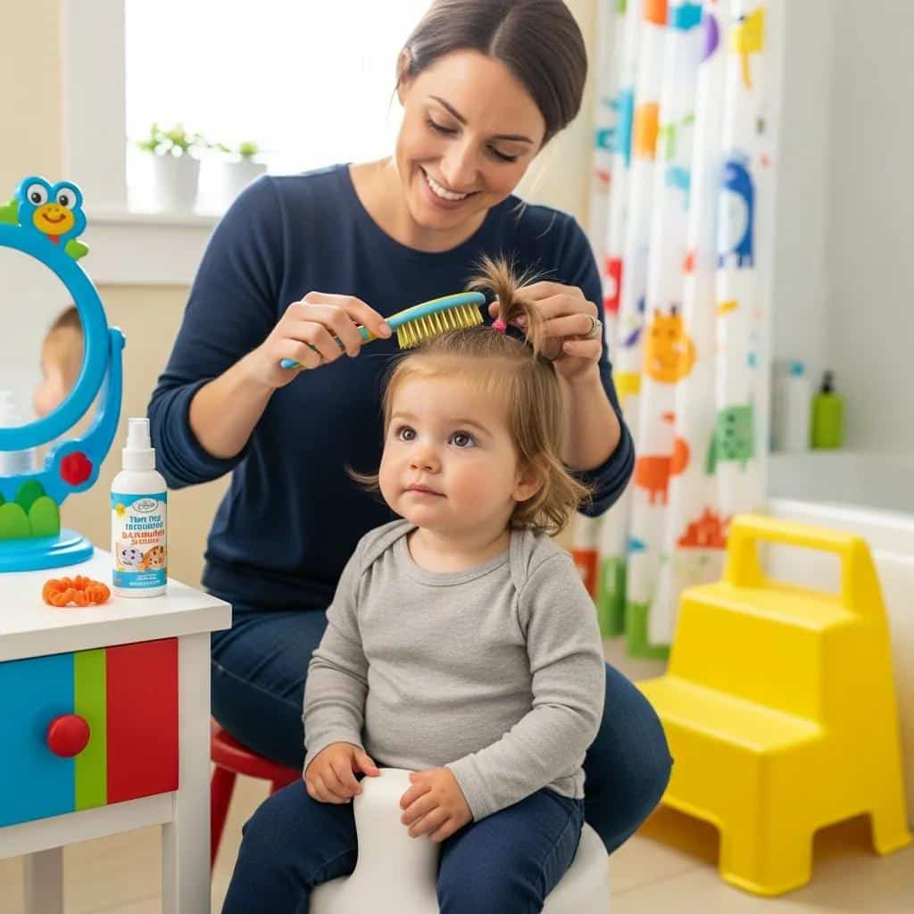 Parent styling toddler's hair with gentle products in a bright bathroom, featuring a smiling child seated on a stool, colorful toys, and a mirror.