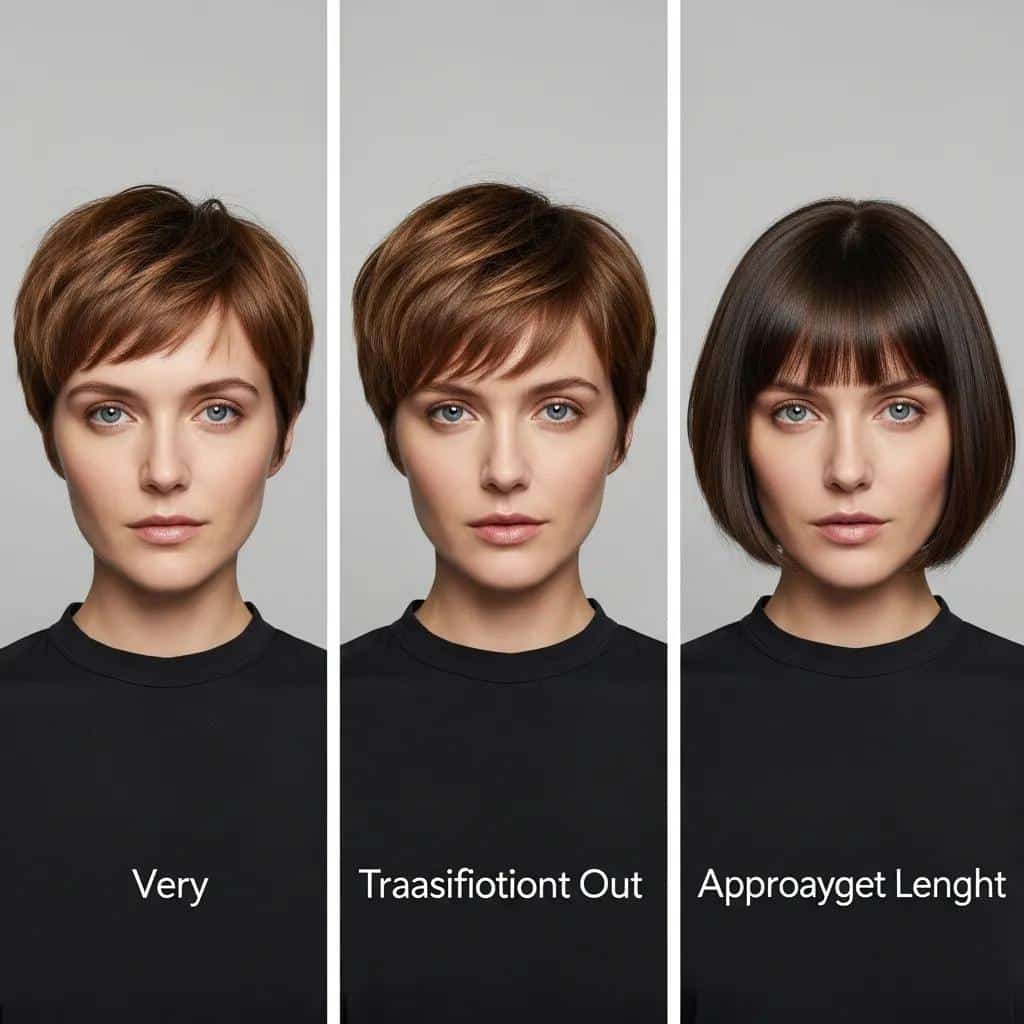 Portraits of a woman at different hair lengths during the pixie cut growth stages