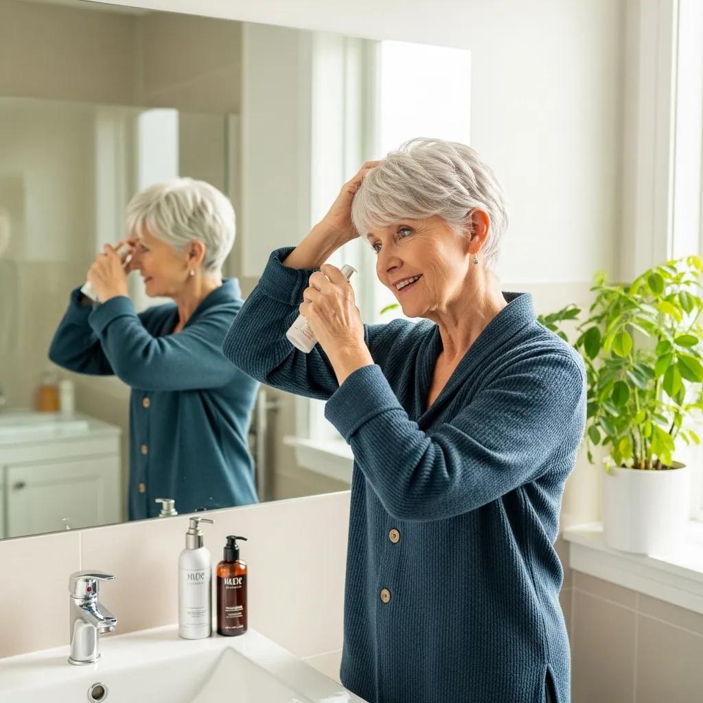Senior woman styling her pixie haircut in a bright bathroom, showcasing self-care and empowerment
