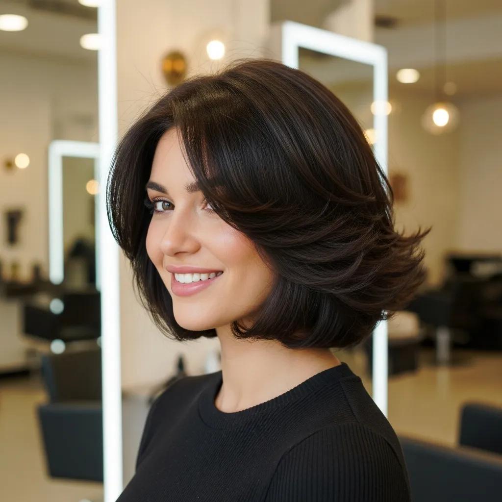 Stylish woman with a stacked bob hairstyle in a salon setting