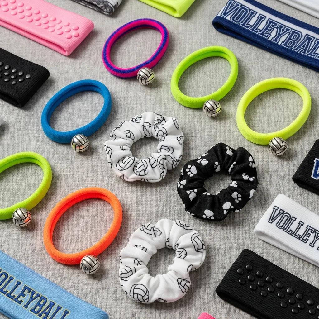 Assortment of hair ties and headbands suited for volleyball ponytails