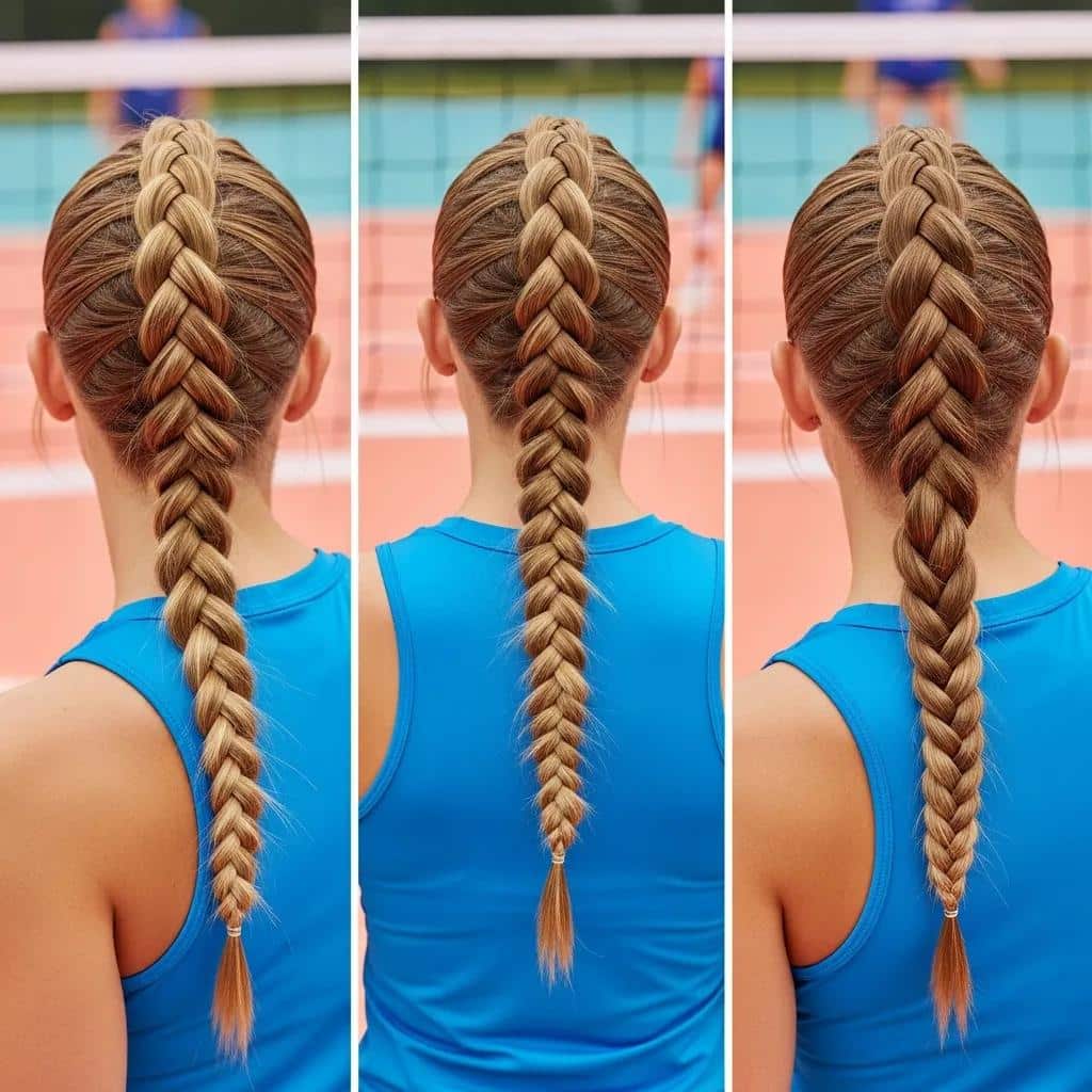 Various braided hairstyles for volleyball players, emphasizing hair security