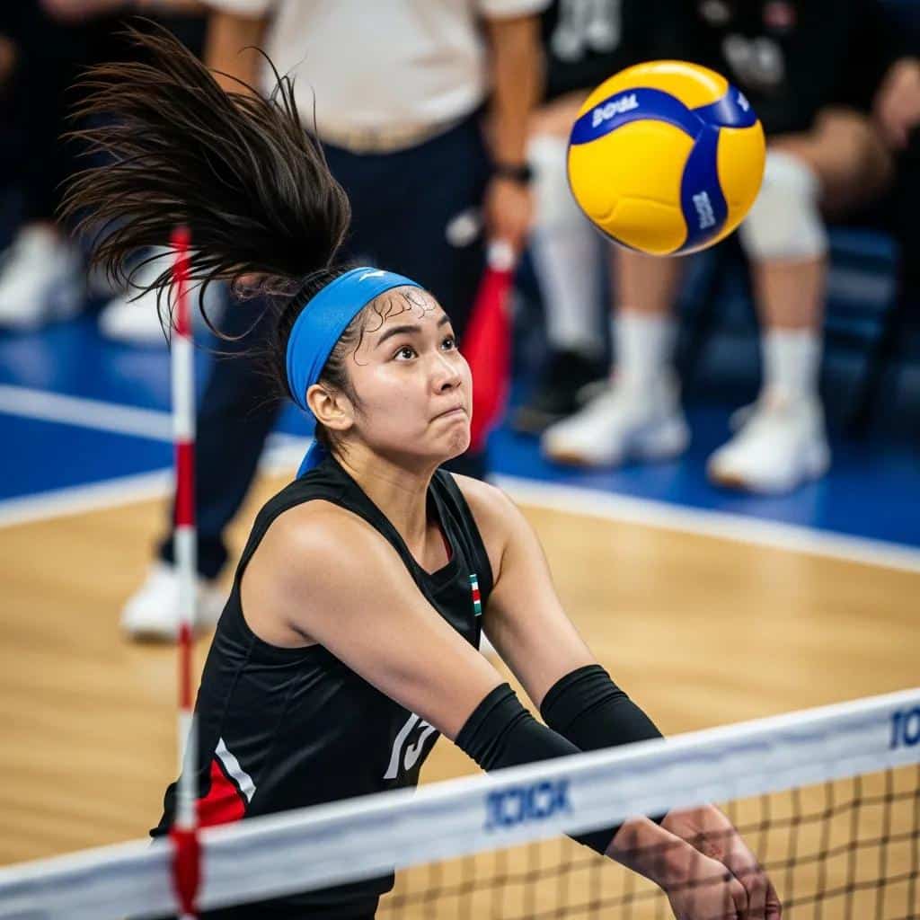 Volleyball player wearing a non-slip headband, focused on the ball during a match, showcasing agility and concentration in an indoor court setting.