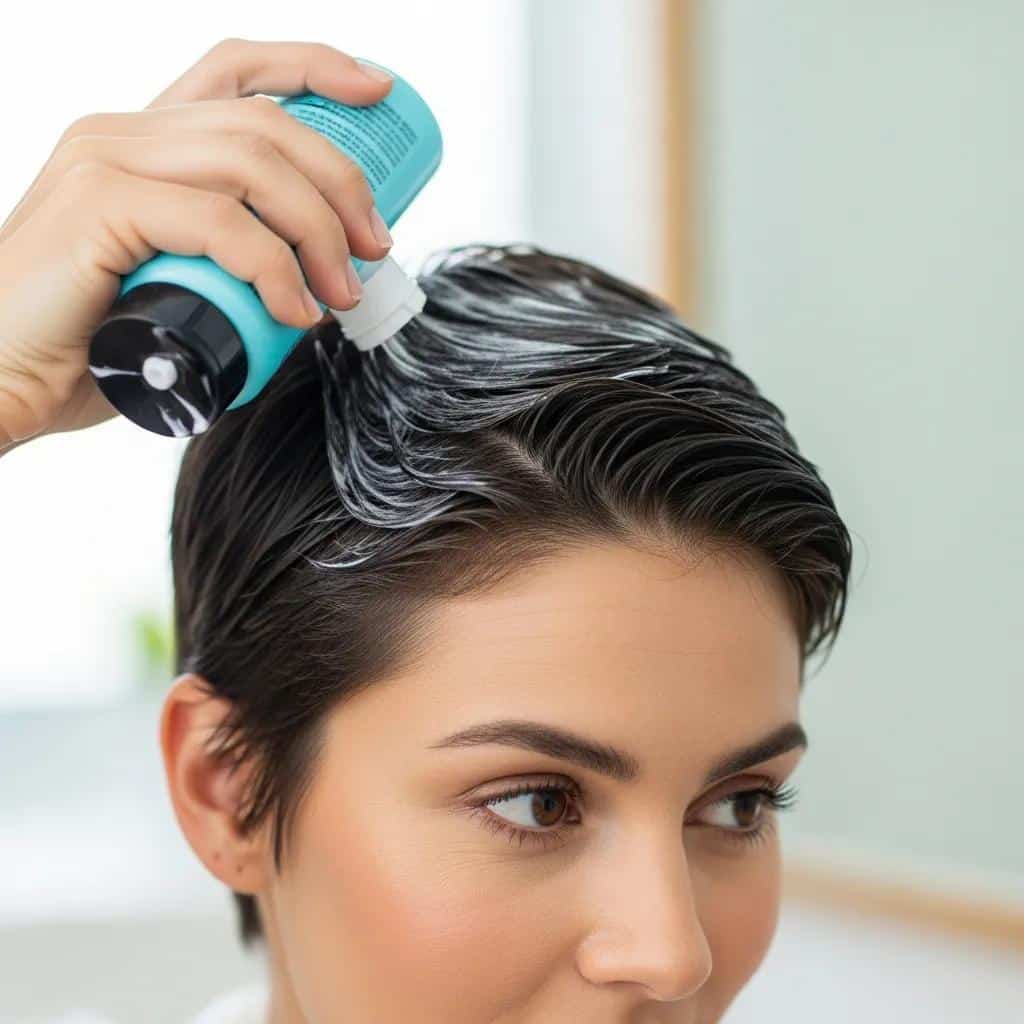 Woman applying deep conditioner to her pixie cut in a bright bathroom