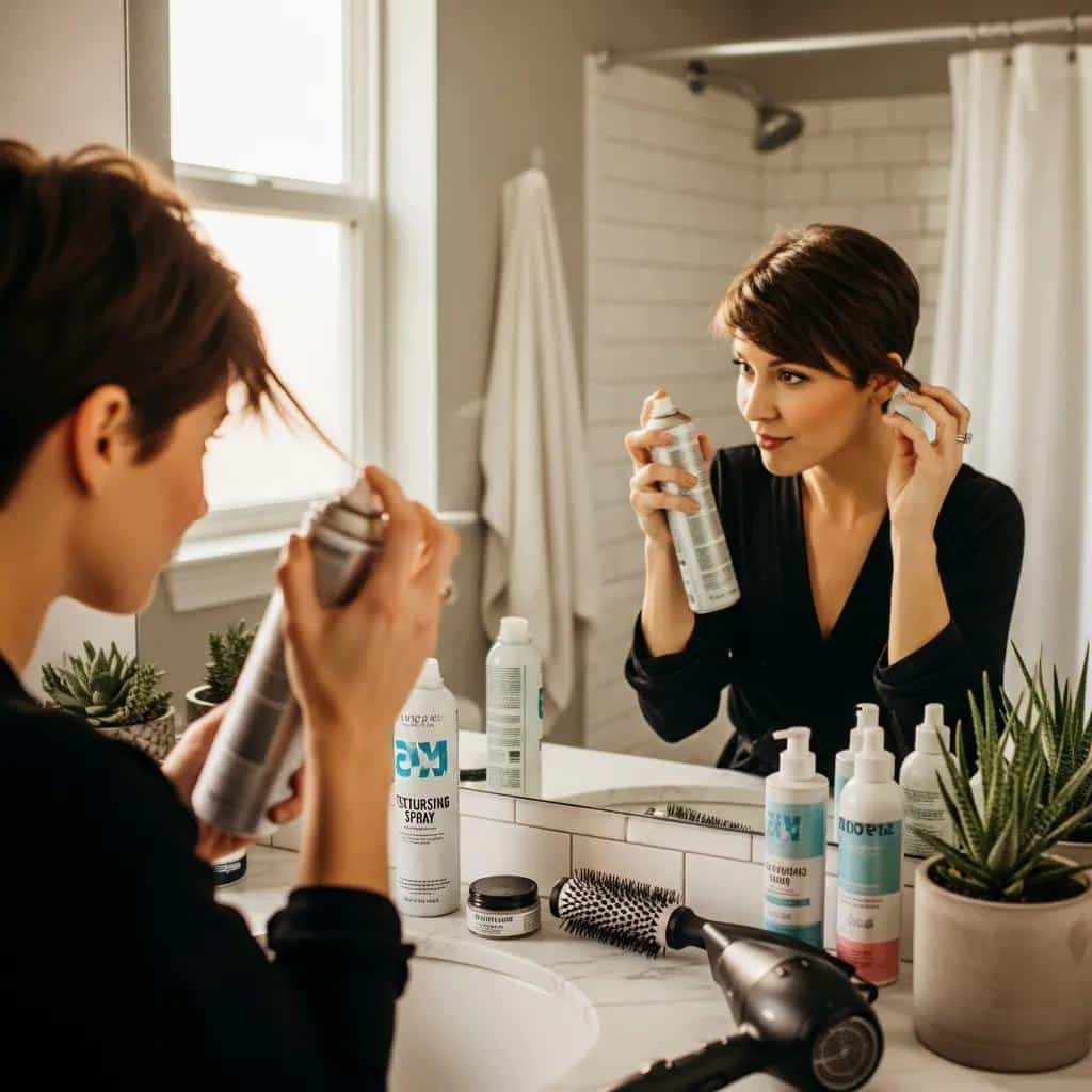 Woman styling her pixie cut in a cozy bathroom with hair products on the counter