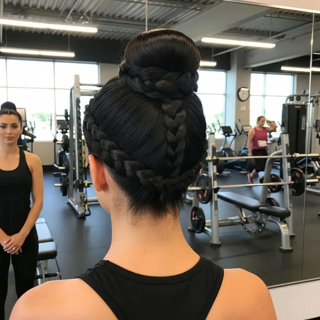 Woman with long hair styled in a high bun and French braid, demonstrating ideal workout hairstyle for sports in a gym setting.