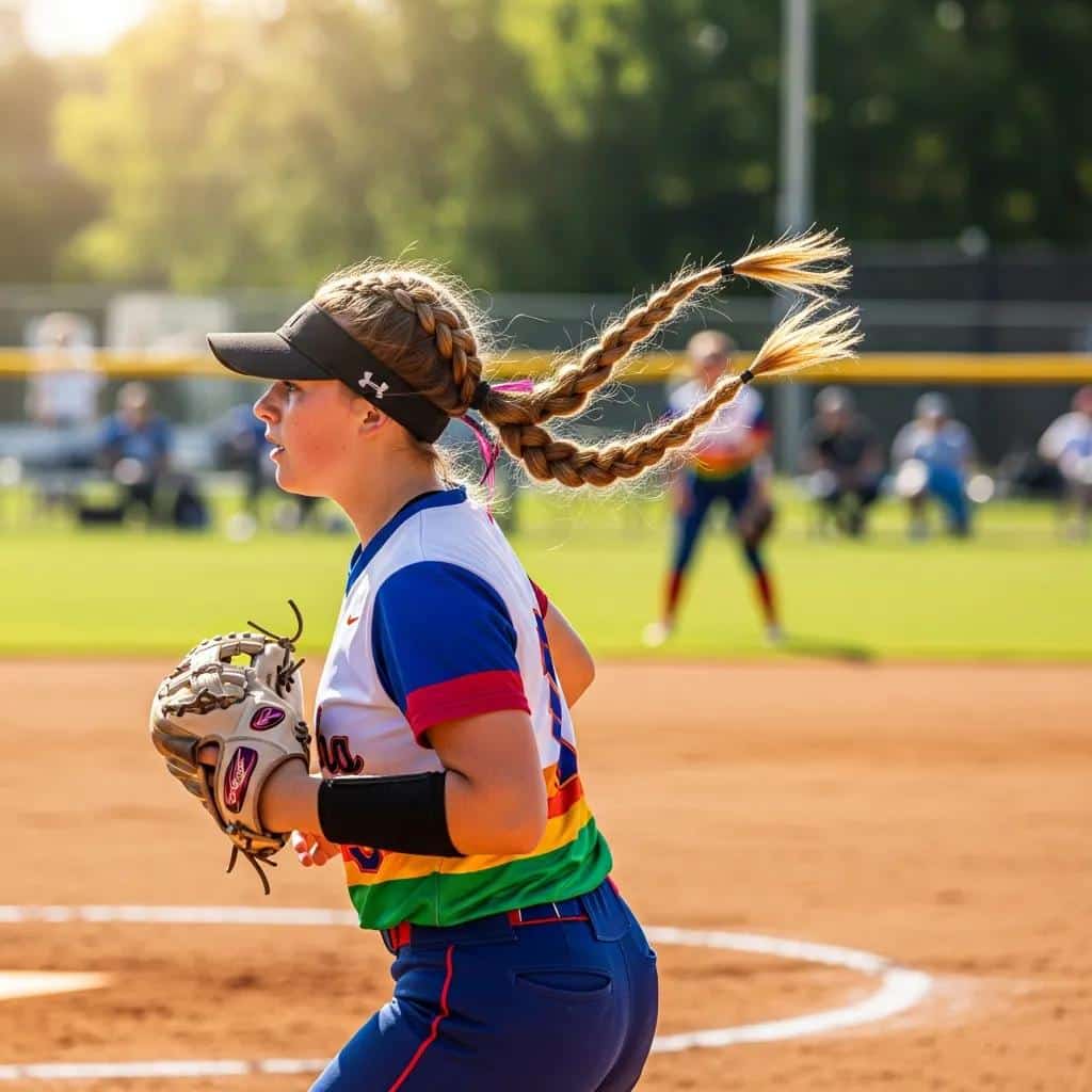 Young female athlete with Dutch braids wearing a colorful softball uniform, preparing to pitch on a vibrant field during a game.