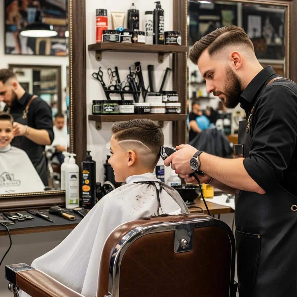 Young boy receiving a fade haircut from a barber in a modern barbershop, showcasing trendy boys' haircut styles and hair care practices.