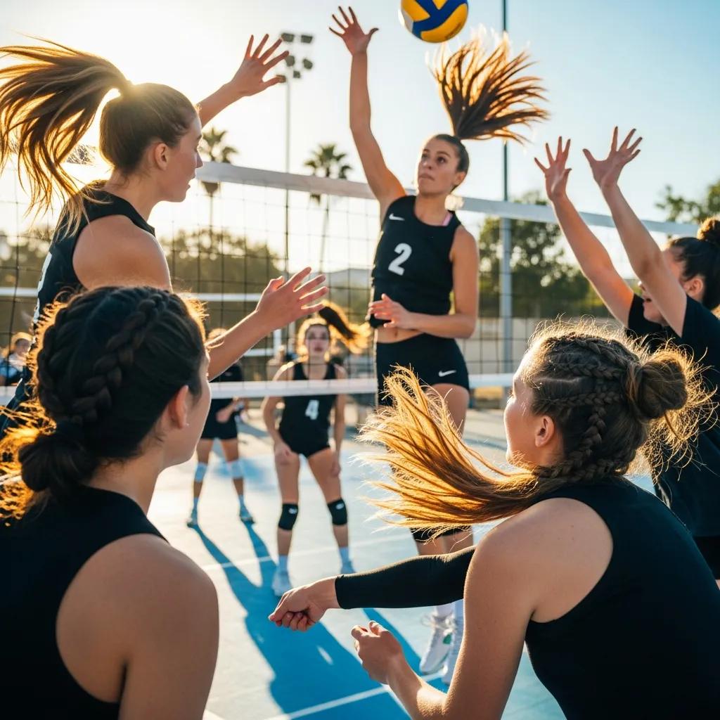 Young female volleyball players with stylish hairstyles like ponytails and braids on a sunny court