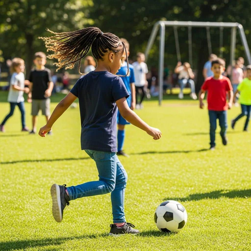 Young girl with braided hairstyle playing soccer on grass, showcasing secure and active hairstyles for kids in a sports setting.