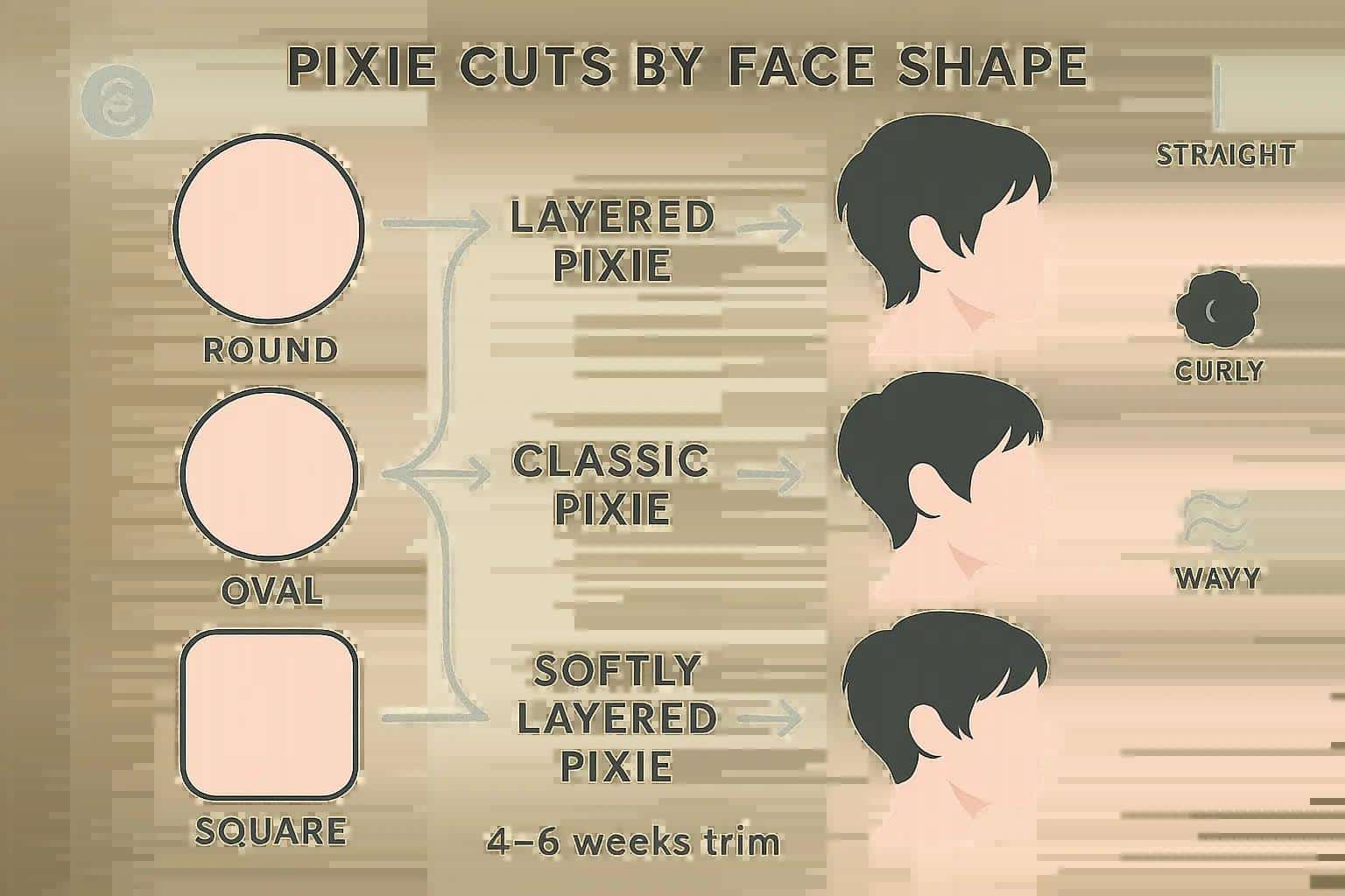 Pixie cut styles categorized by face shape: layered pixie for round faces, classic pixie for oval faces, and softly layered pixie for square faces, with hair texture indicators for straight, curly, and wavy hair.