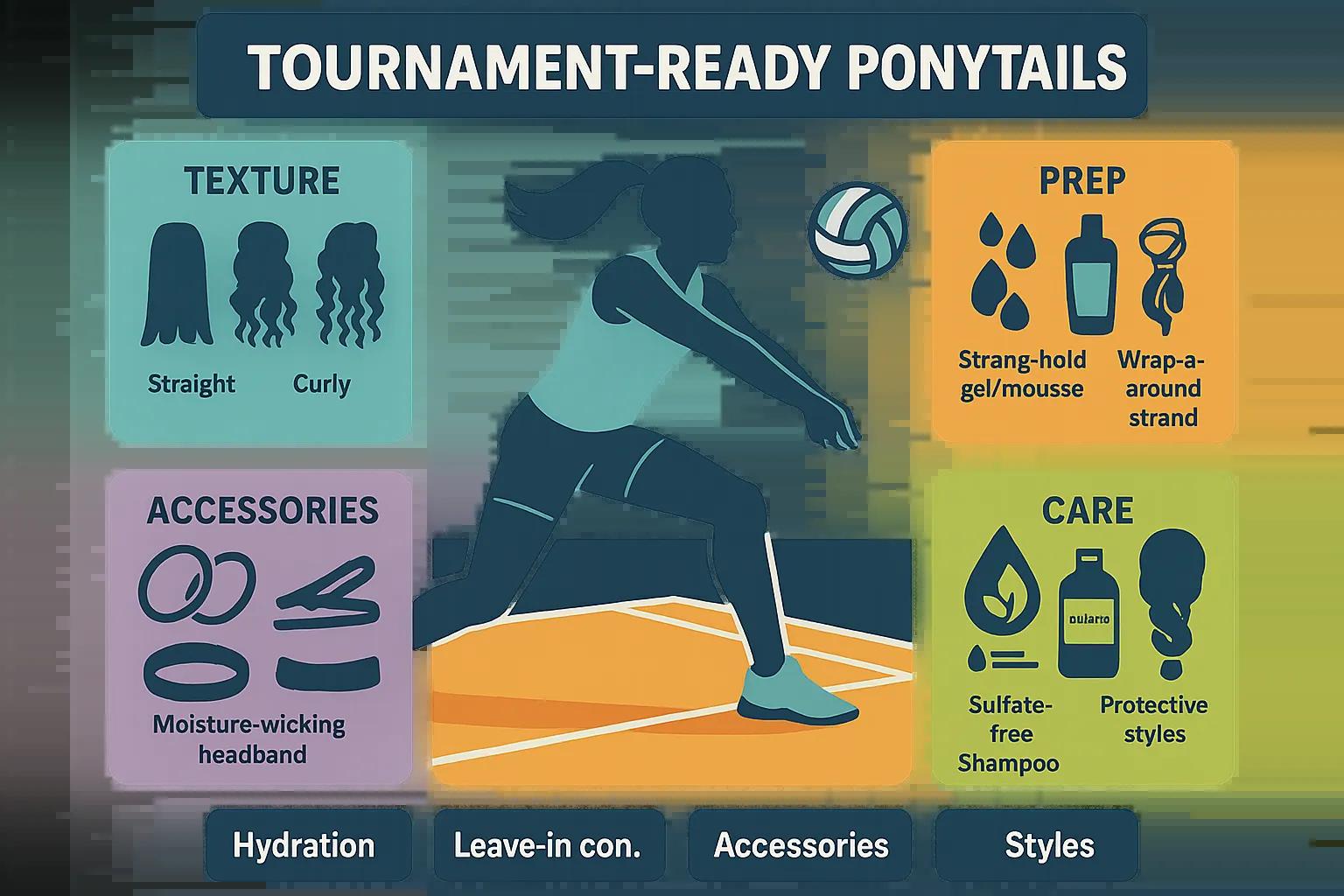 Tournament-ready ponytails infographic illustrating hairstyle tips for volleyball players, featuring hair texture options, essential accessories like moisture-wicking headbands, and care products for maintaining styles during competitions.