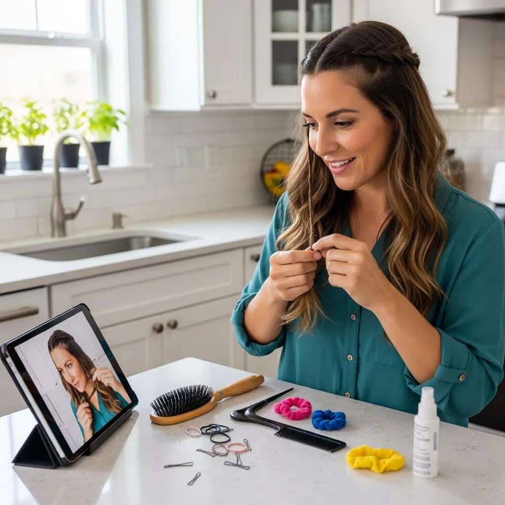 Busy mom following a hair tutorial on a tablet in a bright kitchen, showcasing time-saving techniques