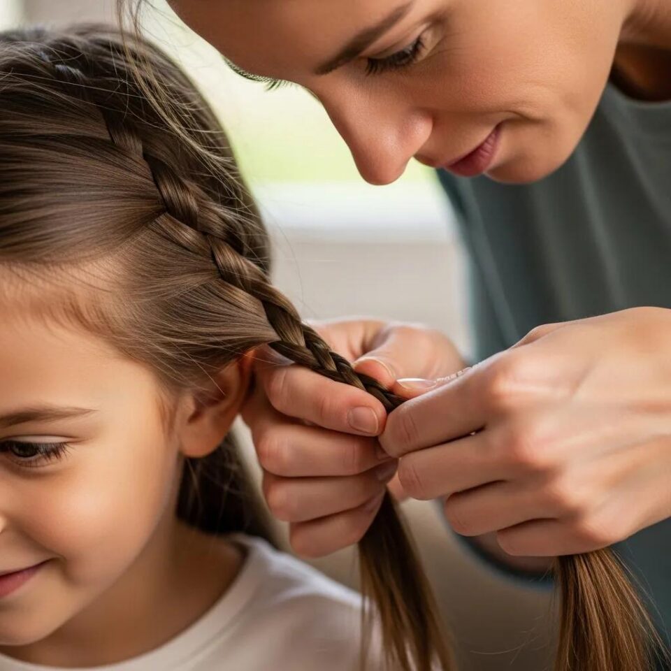Adult braiding child's hair, showcasing easy braided hairstyles for long hair, highlighting practical styling techniques for busy parents.