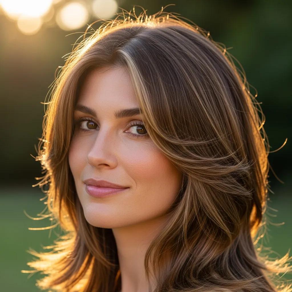 Close-up of a woman with layered haircut, enhancing square face features, showcasing soft waves and natural highlights, in a sunlit outdoor setting.