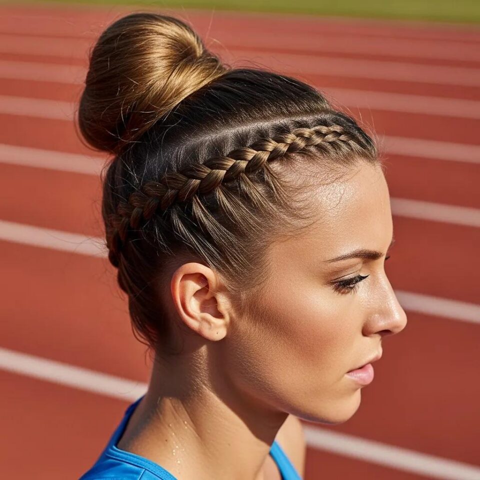 Close-up of a woman with a sleek bun and French braid running on a track