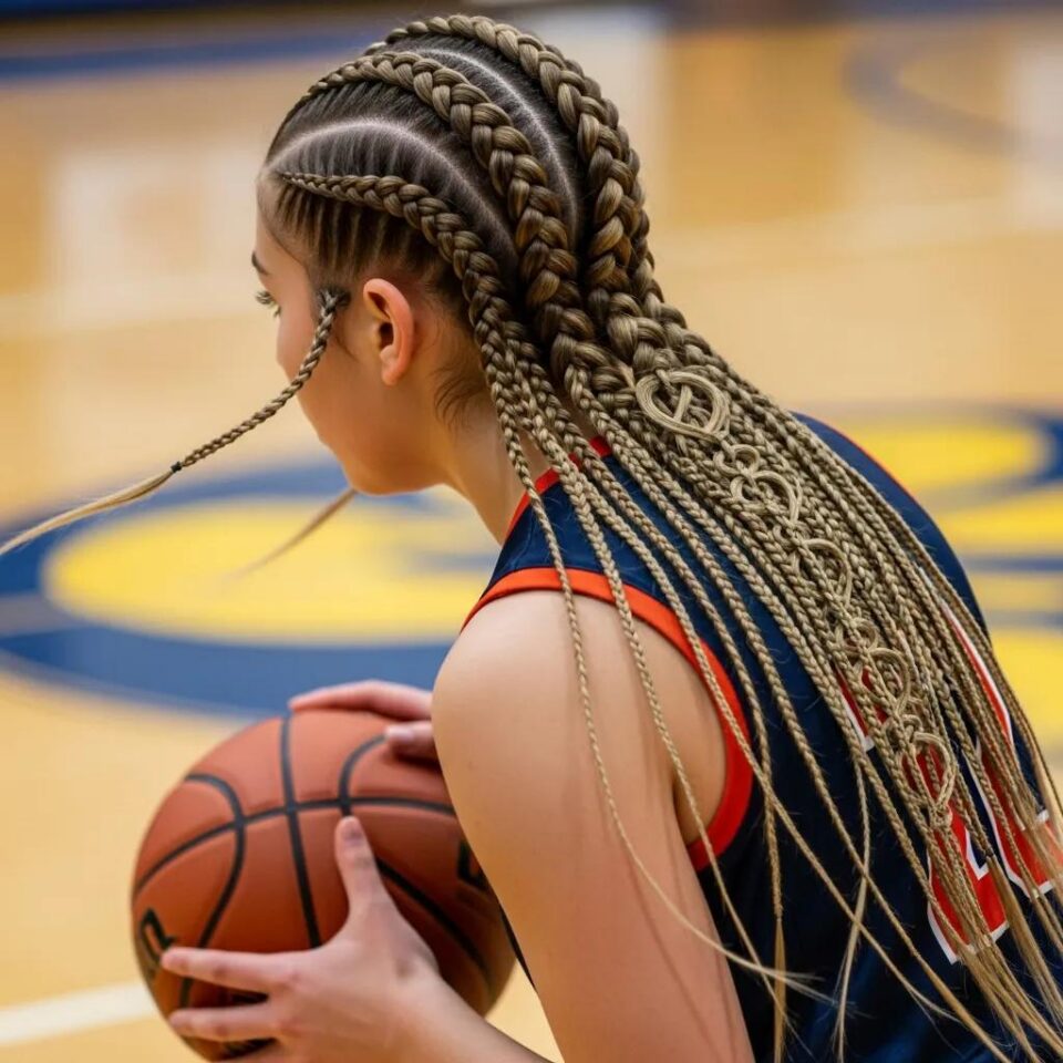 Young female basketball player with intricate braided hairstyle, featuring Dutch and fishtail braids, holding a basketball on a court, emphasizing secure hairstyles for sports.