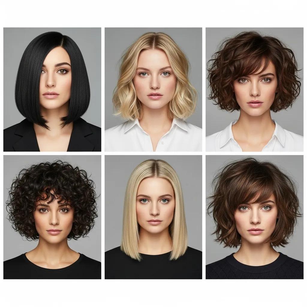 Collage of various lob hairstyles showcasing different textures and lengths, featuring straight, wavy, and curly variations suitable for diverse face shapes and hair types.