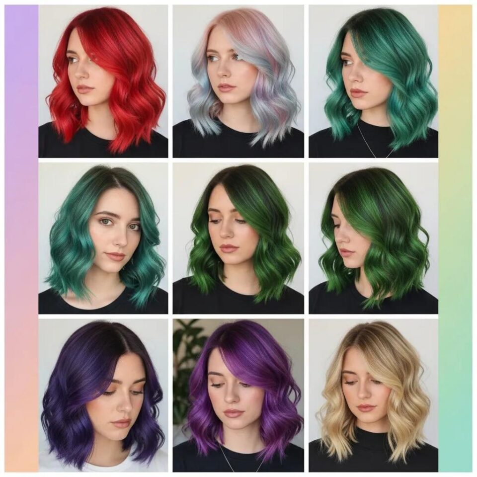 Collage of trendy A-Line bob hairstyles for 2024, featuring vibrant colors and soft waves
